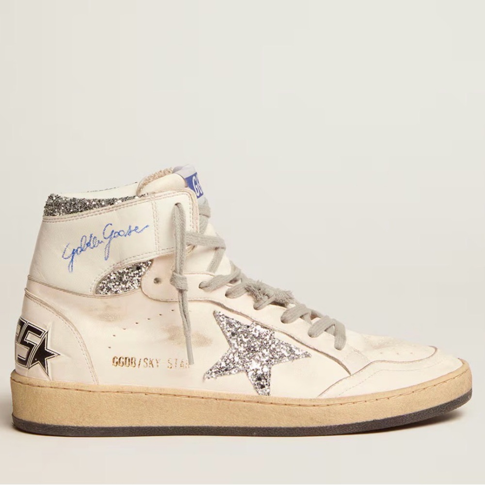 Golden Goose Women's White and Silver Glitter Sneakers